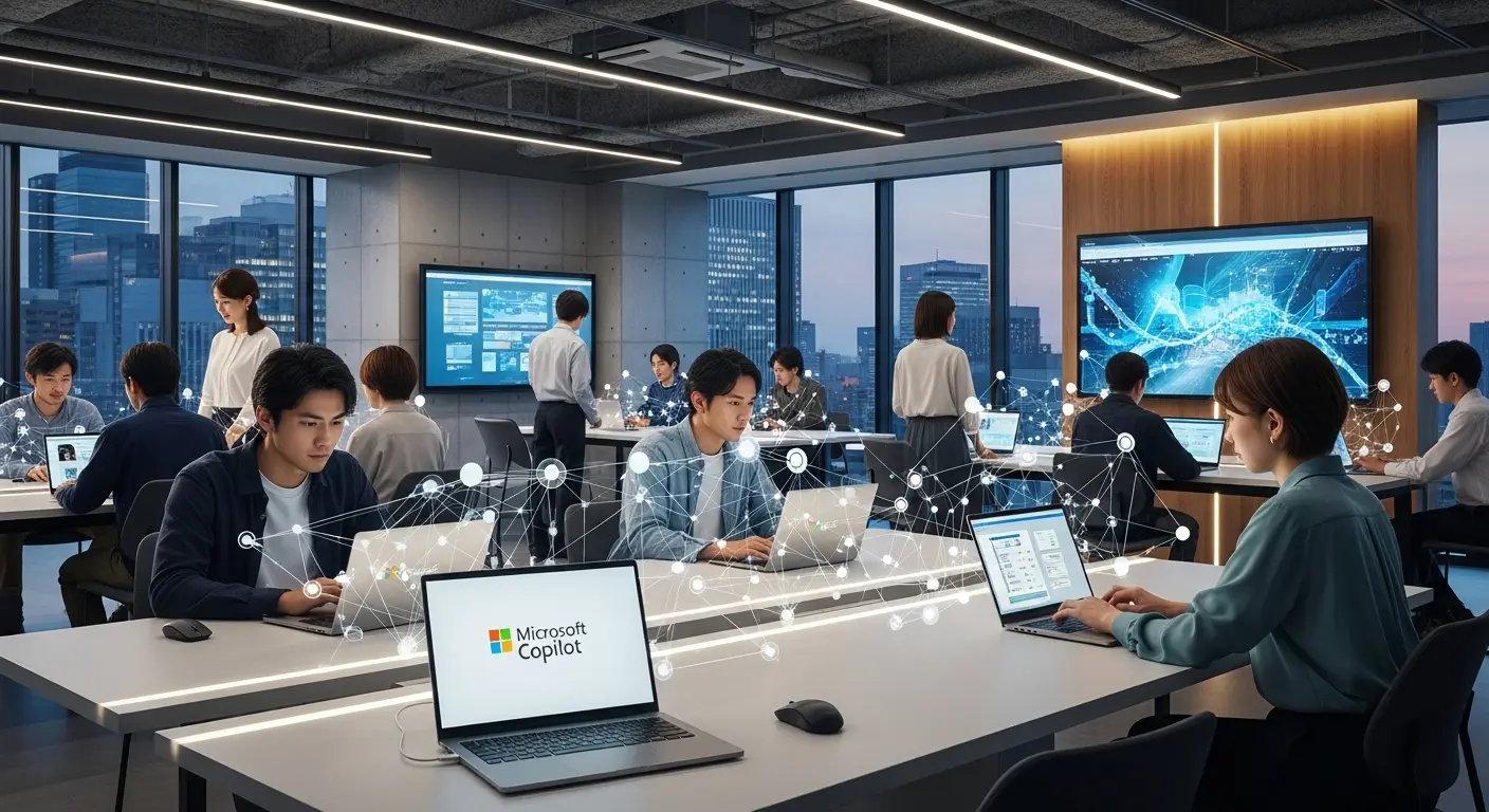 コワーキングスペースでMicrosoft Copilotを活用するリモートワーカーたち