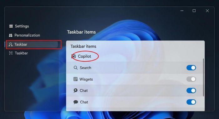Windows設定画面でのタスクバー項目オフ切り替え操作
