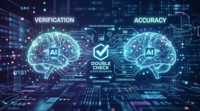 情報の正確性をダブルチェックするAIのイメージ