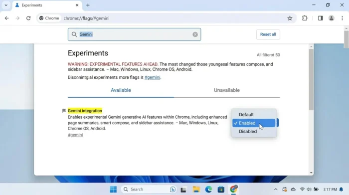Chromeの試験運用機能設定画面でGeminiフラグを有効にする様子