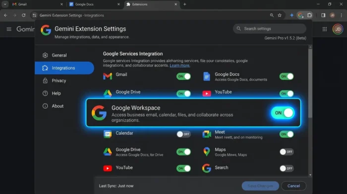 Geminiの拡張機能設定でGoogle Workspaceをオンにする画面