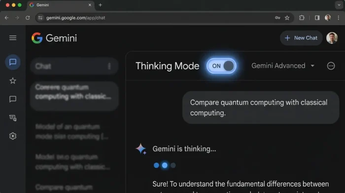 Geminiの画面上部で思考モードを切り替える操作画面