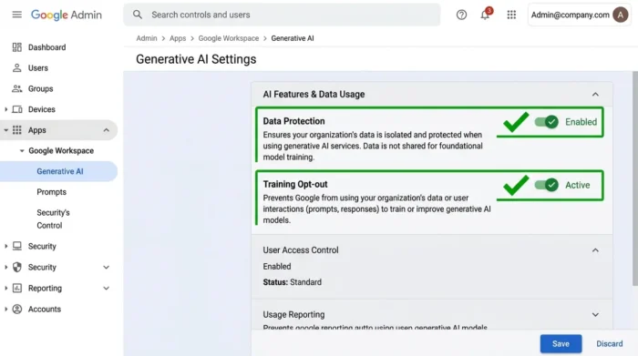 Google Workspace管理コンソールのAI学習設定項目