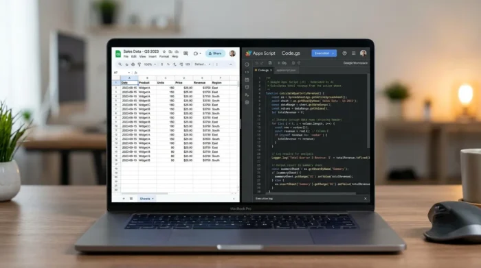 AIが生成したコードをGoogle Apps Scriptエディタに貼り付けている様子