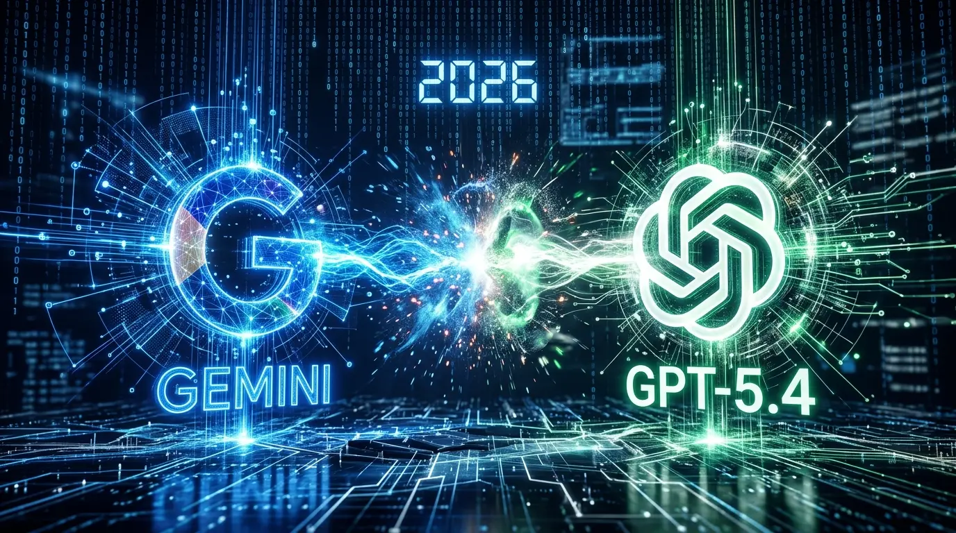 2026年のGPT-5.4とGeminiの性能対決を象徴するグラフィック画像