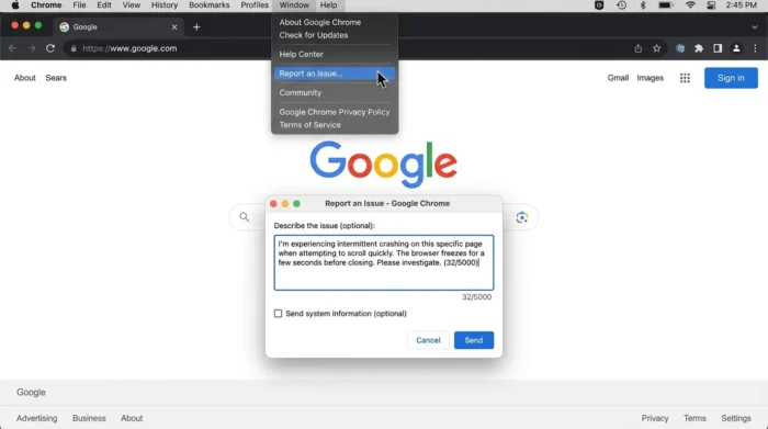 Chromeのヘルプメニューから不具合報告を行う手順