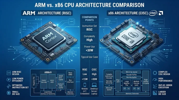 ARMアーキテクチャとx86アーキテクチャの比較イメージ