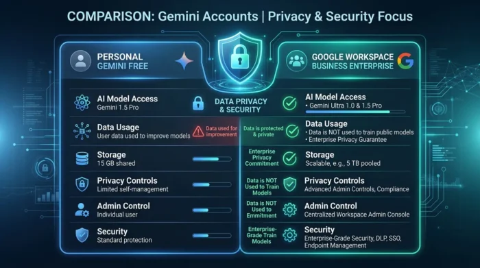 個人向けGeminiと企業向けGoogle Workspace版のプライバシー比較