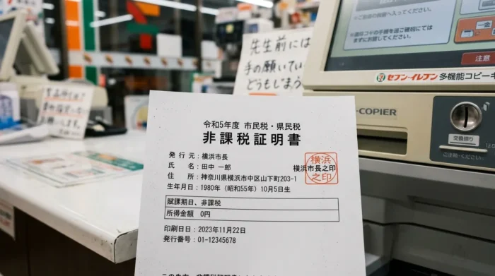マイナンバーカードを使ってコンビニで非課税証明書を発行するイメージ