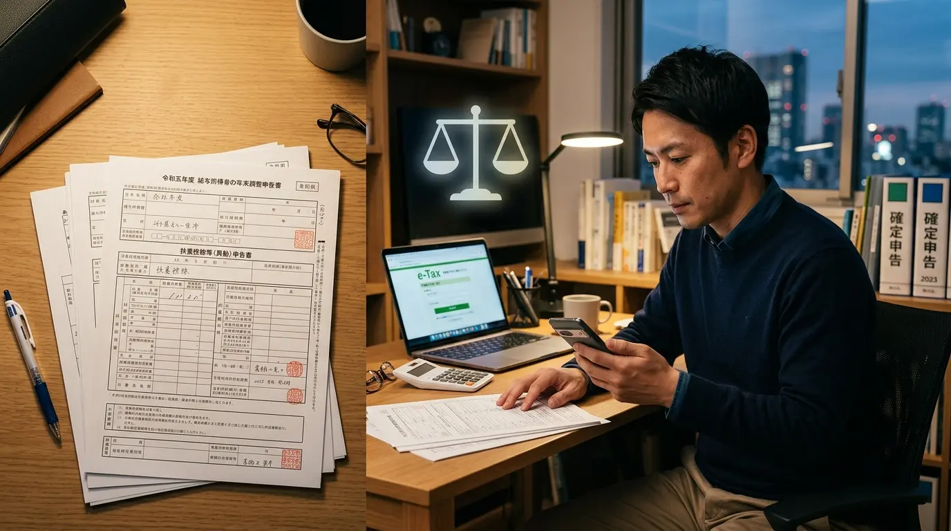 年末調整の提出書類と確定申告のスマホ操作イメージ
