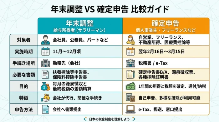 年末調整と確定申告の役割と特徴の比較図解