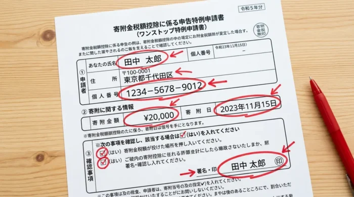 ワンストップ特例申請書の赤ペン記入例と確認ポイント