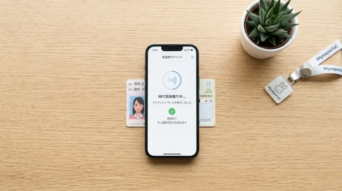 スマホでマイナンバーカードをかざしてオンライン申請するイメージ
