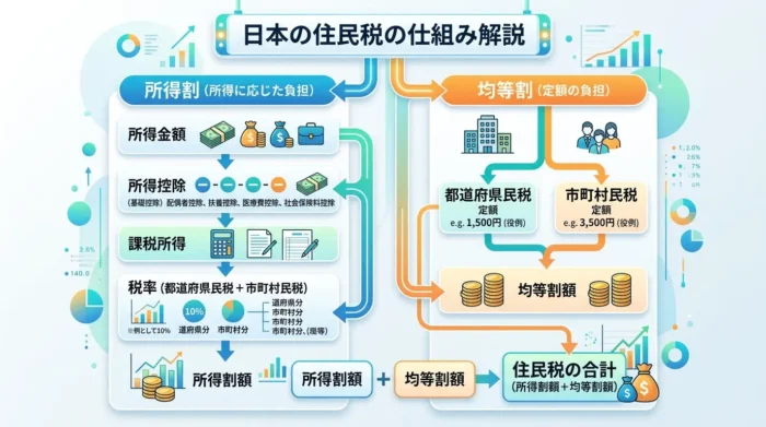 住民税の均等割と所得割の仕組みを示す解説図