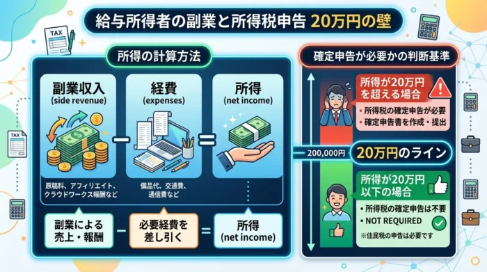副業の所得20万円ルールと確定申告の必要性を示す図解