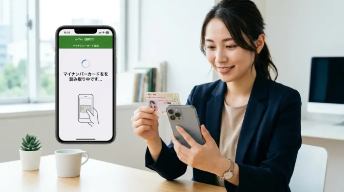 スマホのe-Tax画面とマイナンバーカード読み取りイメージ