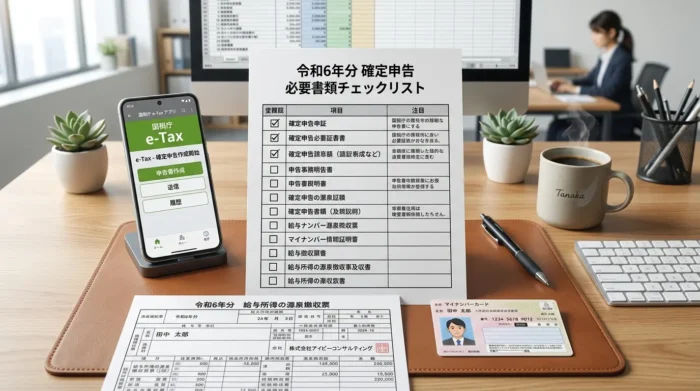 会社員が確定申告を行う際に必要な準備物とスマホ画面