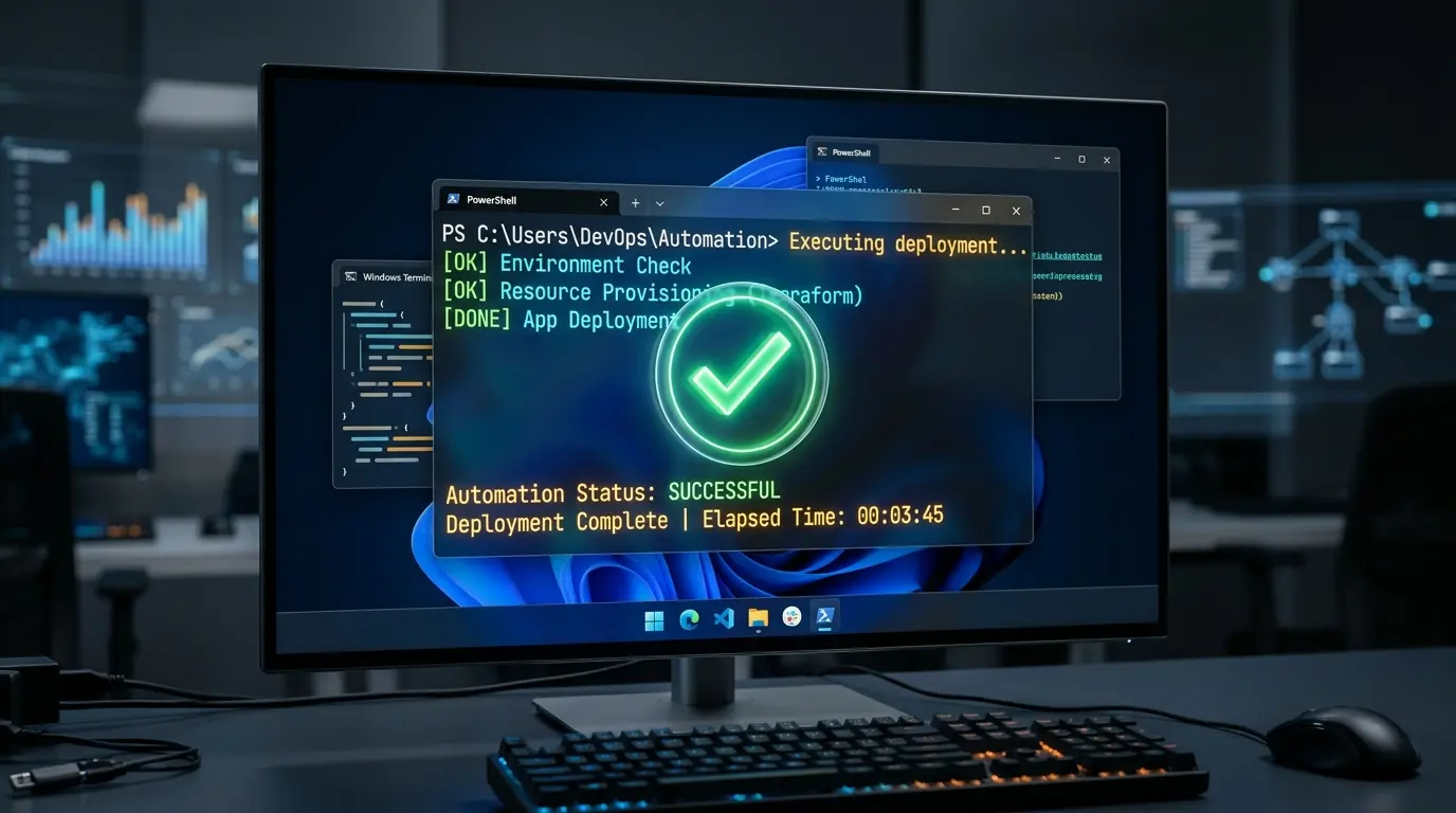 Windows 11のWindows Terminal上で動作するPowerShell画面と自動化スクリプトの実行イメージ